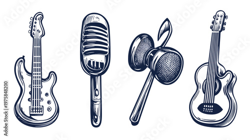 Stylized line art illustration of musical instruments including a guitar and microphone