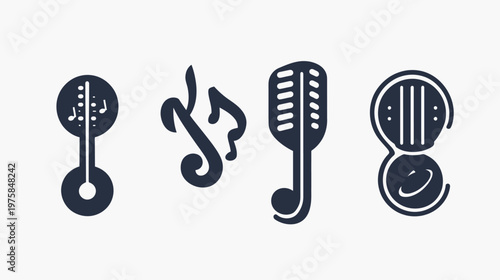 Silhouetted musical icons, including a harp-like instrument, treble clef, microphone, and another instrument