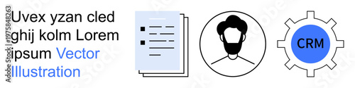 Business tools, customer relationship management, team workflow, corporate identity, data organization, digital solutions. Image shows CRM gear, profile icon and document. Business tools and CRM