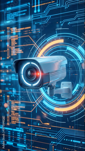 Security camera with blue LED light rotates within a digital interface displaying data patterns and glowing elements, emphasizing cyber security technology and surveillance systems. High quality photo