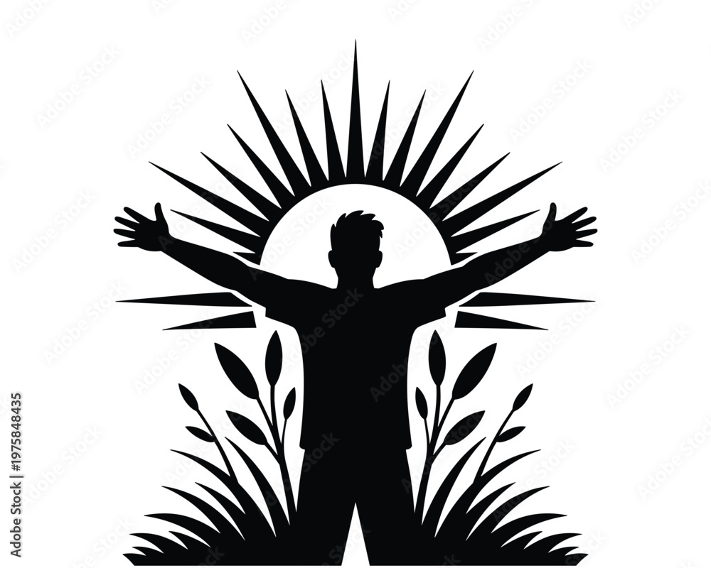 Fototapeta premium Man With Outstretched Arms Welcomes The Sun Rising Above Nature
