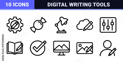 Black and white outline icons for content editing and creative writing