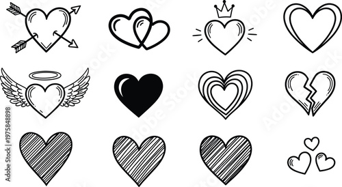 Doodle heart icon set featuring hand drawn romantic symbols like cupid arrow angel wings broken heart royal crown and sketched textures for valentines day design.