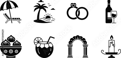 Luxury wedding and tropical honeymoon icon set featuring beach umbrella palm tree sunset engagement rings wine bottle coconut cocktail floral arch and romantic candle.