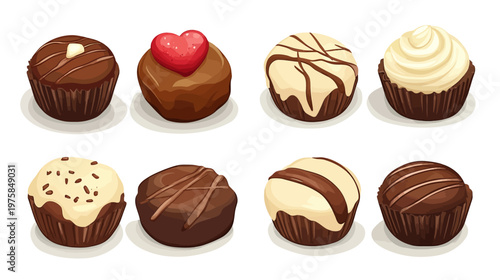 Eight various decorated cupcake illustrations, with different icing and chocolate designs, on white background