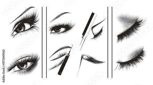 Artistic black and white illustrations featuring eyes, eyelashes, and cosmetic tools