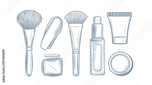 Hand-drawn illustrations of makeup tools, including brushes, a tube, a container, and bottles