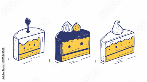 Three slices of cake illustrations in a simplistic cartoon style with a white background