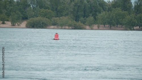 A solitary red buoy marks the channel on a vast, calm river. In the background, a sandy shore is lined with green trees. Serene, minimalist waterscape with cool tones and a peaceful mood
