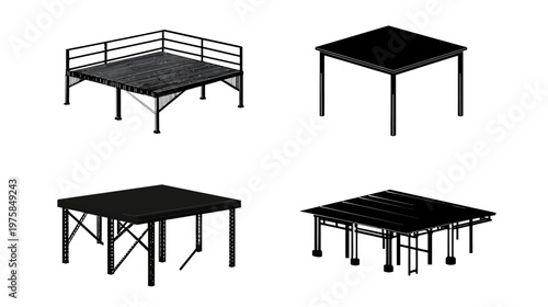Four black and white 3D architectural representations of platforms, stages, and tables with different designs