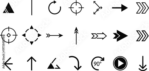 Vector minimalist black arrows and navigation icons set featuring direction pointers target crosshairs refresh symbols play buttons download signs and rotation indicators for interface design.