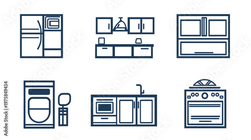 Stylized, minimalist illustrations of kitchen appliances and furniture arranged in a grid