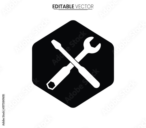 A black hexagon containing crossed tools screwdriver and wrench silhouette high quality professional