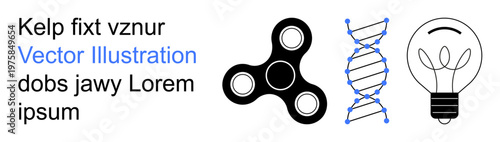 Science technology, innovation ideas, creativity concepts, learning tools, biology, education . DNA strand, fidget spinner and light bulb graphics. Science and innovation concept