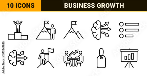 Business strategy and growth line icons for data analysis and performance monitoring