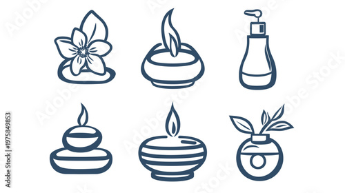 Collection of stylized, dark blue line drawings of spa elements, including flowers, candles, and bottles