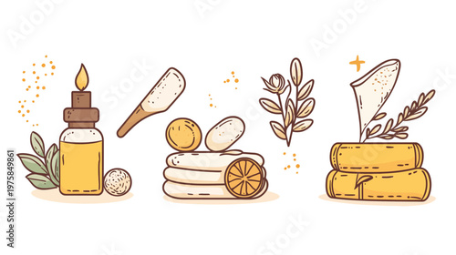 Line art illustration of spa items including essential oil, towels, and botanicals on white