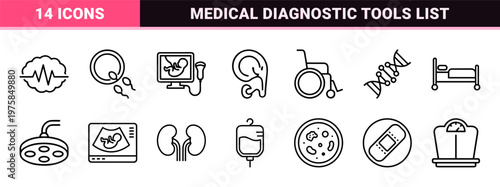 Healthcare and human biology outline icon set for medical design