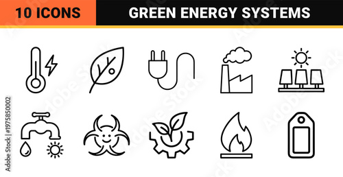 Green energy and solar power minimalist outline icon set