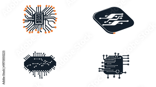 Four stylized depictions of electronic circuit boards with varying shapes and arrangements