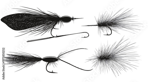 Black and white illustration of four detailed fishing flies, perfect for angling