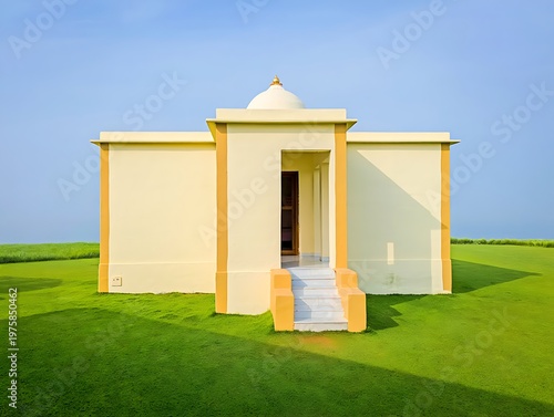 A small serene yellow building with a dome and entrance stairs sits on a lush green field under a clear blue sky