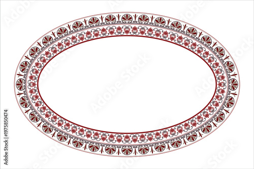 Ornate oval frame floral pattern. Traditional Eastern European, Mediterranean motif. Plate with arabesques. Ellipse frame Greek palmette ornament. Classic antique border for luxury label, textile