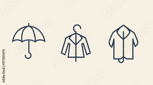 A collection of simple line art icons umbrella, jacket on a hanger, and a short-sleeved coat