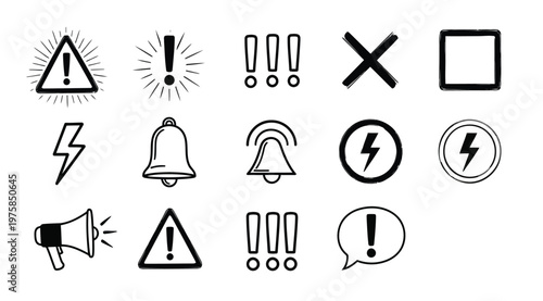 Set of hand drawn attention and alert icons including exclamation marks, warning signs, bells, and lightning bolts