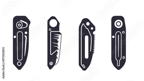Four stylized silhouettes of pocket knives in dark blue against a white background