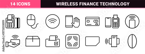 Contactless payment and nfc technology minimalist line icon set