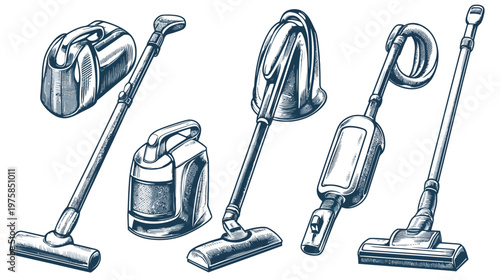 Hand-drawn vector illustrations of several types of cleaning vacuums, tools for home or office