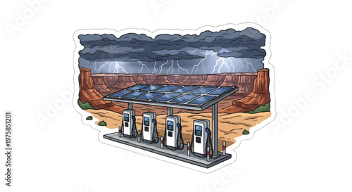 solar panel array in desert landscape with stormy weather
