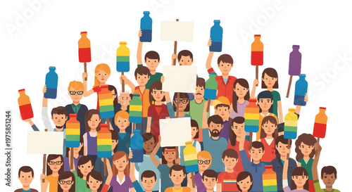 Diverse crowd of people holding colorful bottles and signs