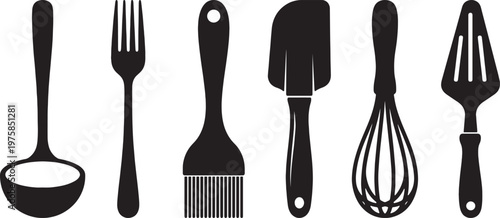 Kitchen utensils silhouette set, cooking tools icons bundle including ladle fork brush spatula whisk