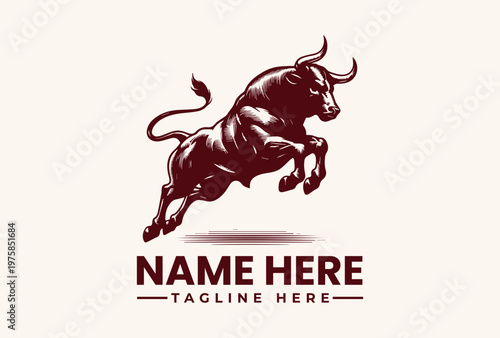 Aggressive charging bull animal is illustrated with vintage engraving lines on a plain background. Finance concept