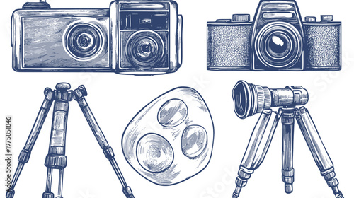 Vintage hand-drawn illustrations of different cameras, tripods, and a light array element