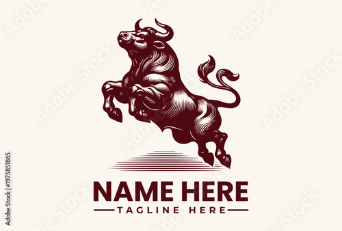 Aggressive charging bull animal is illustrated with vintage engraving lines on a plain background. Finance concept