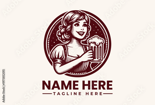 A smiling Bavarian waitress wearing a traditional dirndl dress is depicted holding a large, frothy beer stein inside a circular engraved emblem. Oktoberfest event concept