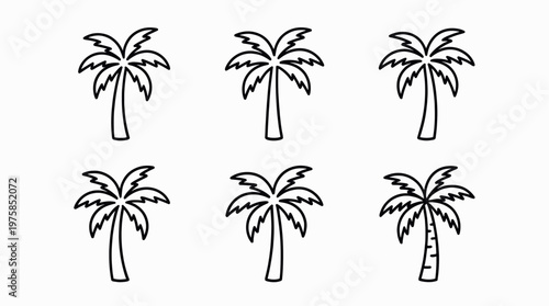 Palm trees tropical line icon set in minimalist outline vector style