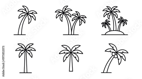 Palm trees tropical line icon set in minimalist outline vector style