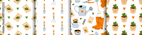 Vector seamless pattern set with cute gardening, farm and agriculture elements on white background. Herb seed packets with hearts, hand tools, watering cans, rubber boots. Wrapping paper prints.