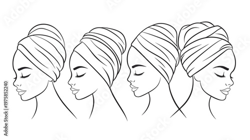 A black and white line drawing of four women in profile, wearing towels on their heads