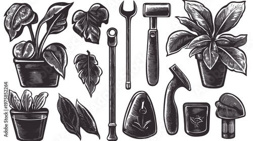 Monochrome illustration of potted plants, leaves, and various gardening tools