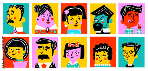 People and retro lifestyle naive bold vector isolated cute illustrations of a man with mustache elegant woman and smiling girl portraits for sticker print and branding