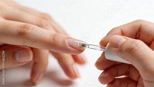 Closeup of a womans hand applying clear nail polish with a brush on a white background focusing on manicure beauty and selfcare routine