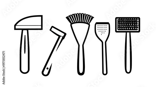 A collection of five line drawings of various grooming tools, presented on a white background