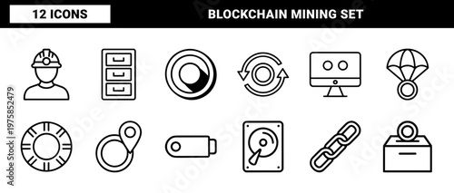Minimalist blockchain and cryptocurrency mining outline icon set