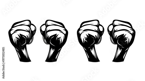 Four stylized black and white clenched fists on a white background, representing solidarity