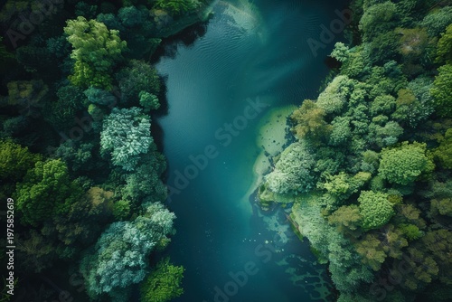 Bird's-Eye Aerial of Turquoise River in Lush Forest